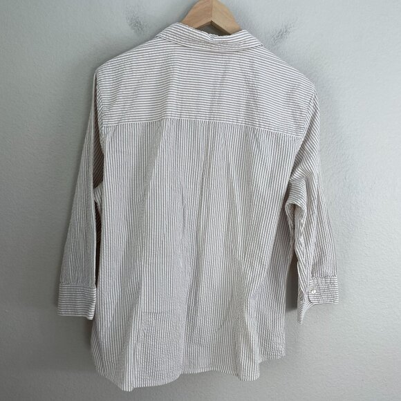 LL Bean Womens XL Seersucker Button Up Shirt Tan Striped 3/4 Sleeve Blouse - Picture 9 of 11